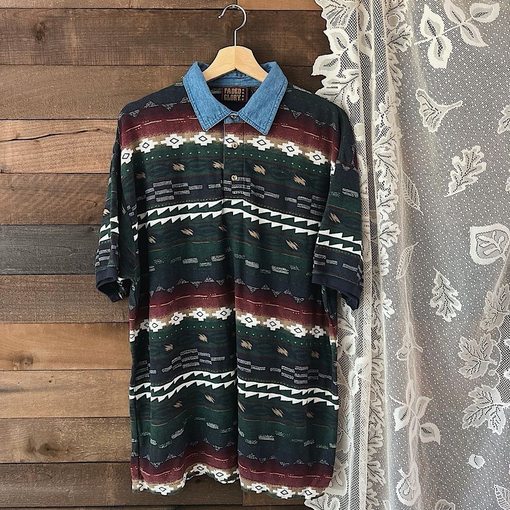 90s Faded Glory Short-Sleeve Aztec Denim Collar Shirt Lightweight Breathable